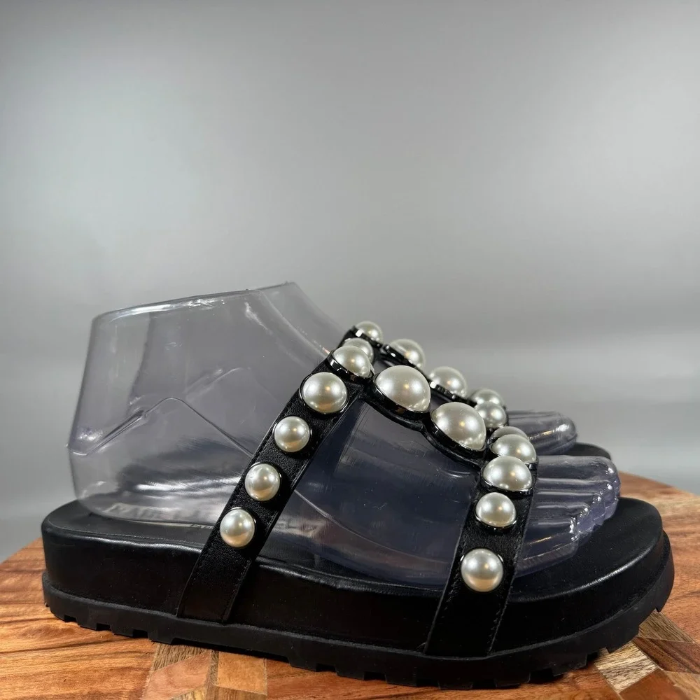 Karl Lagerfeld Paris Blithe Black Leather Pearl Platform Slide Sandals 6M